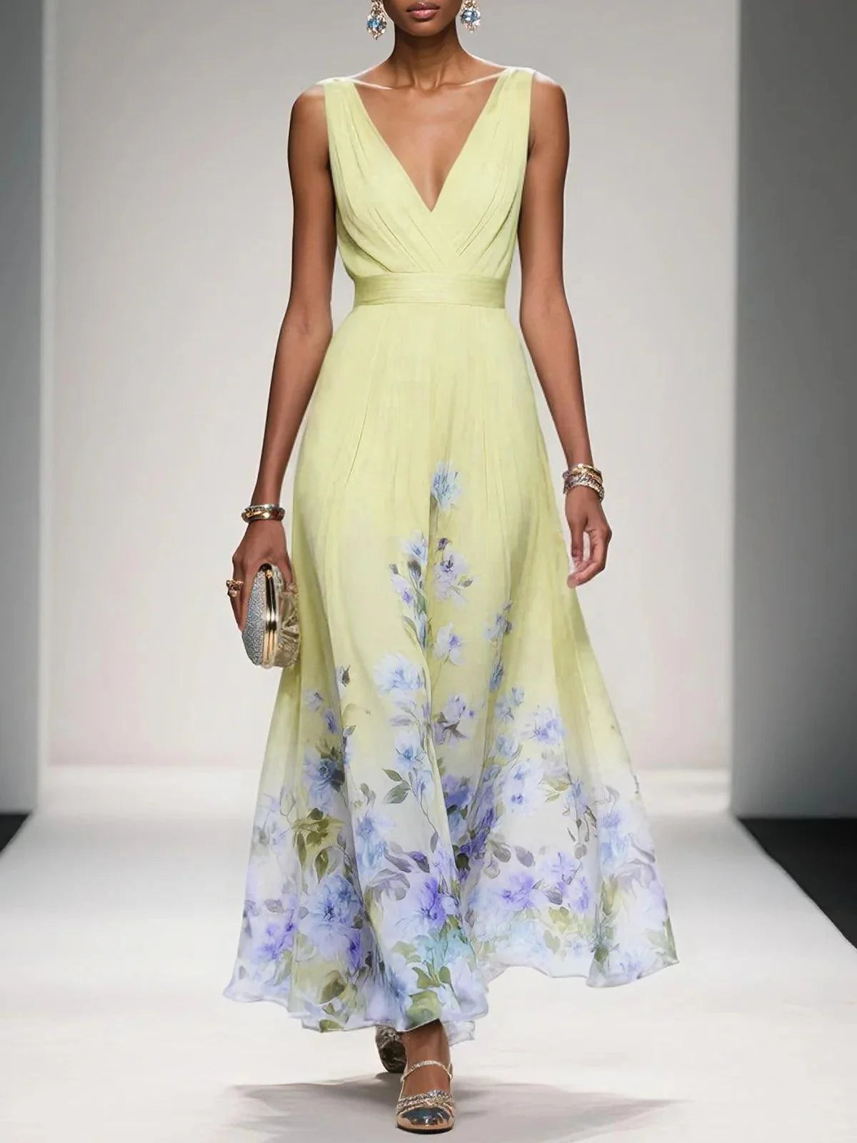 Effortless Floral Chiffon Maxi Dress for Women with V Neck Sleeveless Pleated Flowing Wedding Guest Style