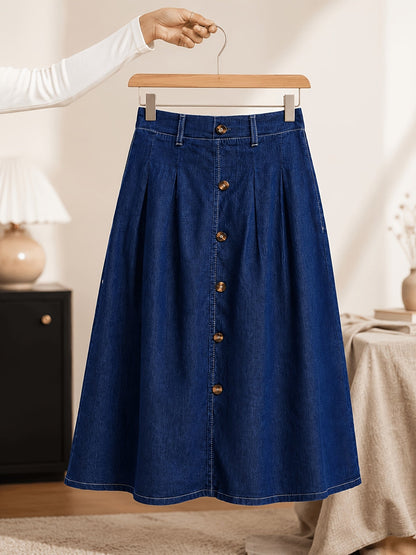 Effortless Medium Blue Denim Midi Skirt for Women with Button Front A Line Pleated Style