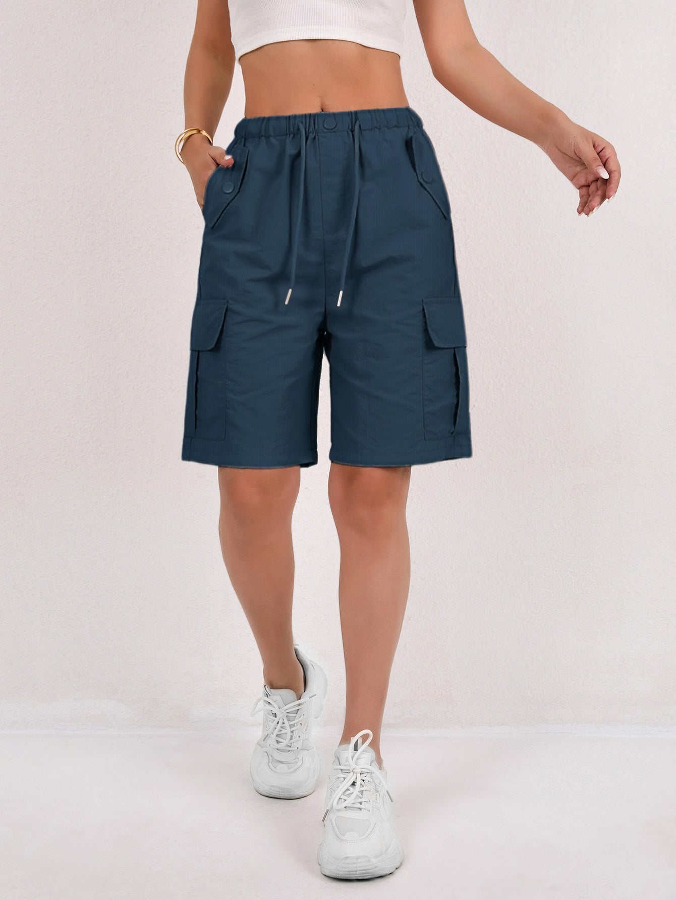 Effortless Pink Cargo Shorts for Women with Elastic Waist Drawstring Flap Pocket Relaxed Casual Style