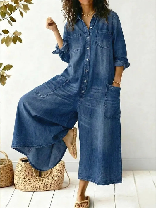 Effortless Denim Jumpsuit for Women with Collar Long Sleeve Button Front Wide Leg Pocket Casual Style