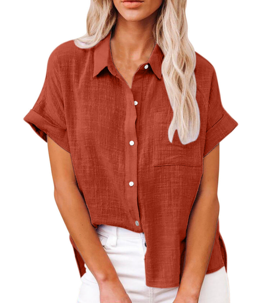 Effortless Linen Blouse for Women with Collar Short Sleeve High Low Hem Relaxed Style