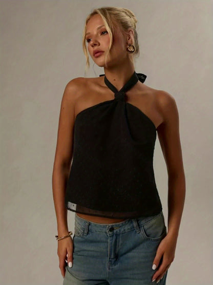 Elegant Black Swiss Dot Halter Top for Women with Twist Front Sleeveless Backless Cocktail Style