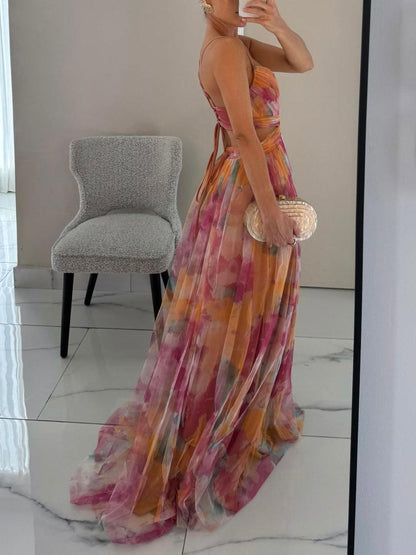 Elegant Watercolor Floral Maxi Dress for Women with V Neck Crisscross Waist Cutout Flowing Style