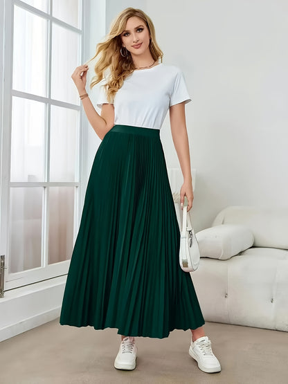 Elegant Dark Green Pleated Maxi Skirt for Women with High Waist A Line Flowing Style