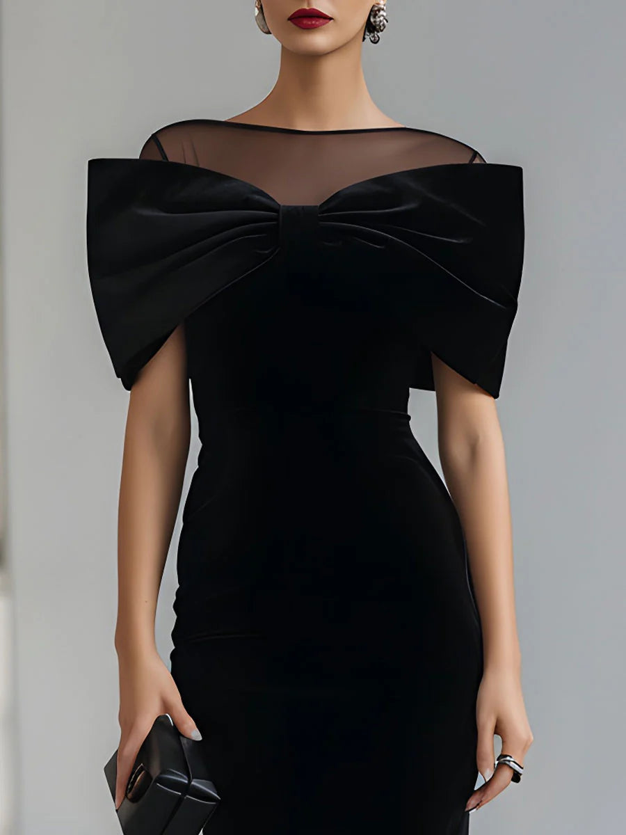 Elegant Black Velvet Midi Dress for Women with Illusion Neckline Bow Off Shoulder Bodycon Style