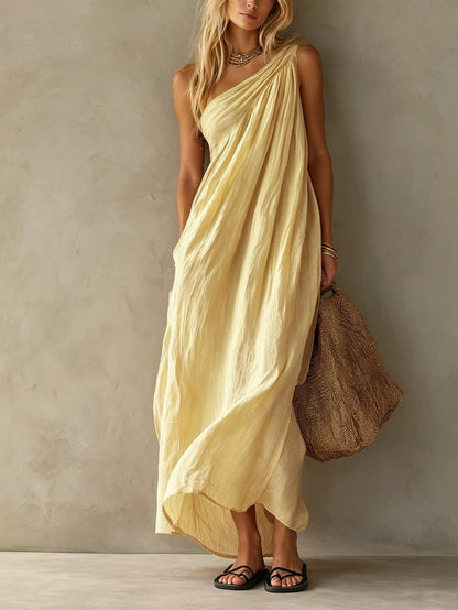 Effortless Draped Maxi Dress for Women with One Shoulder Sleeveless Ruched Flowing Bohemian Style