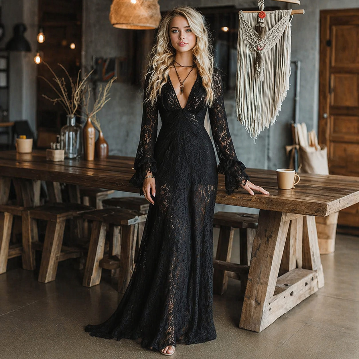 Elegant Black Lace Maxi Dress for Women with V Neck Bell Sleeve Sheer Bohemian Style