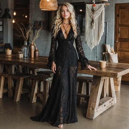 Elegant Black Lace Maxi Dress for Women with V Neck Bell Sleeve Sheer Bohemian Style
