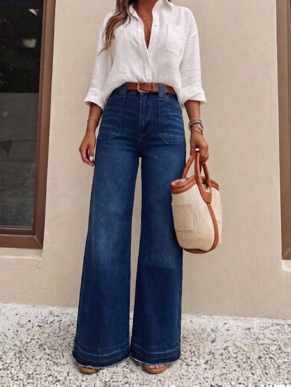 Effortless Relaxed Dark Blue Wide Leg Jeans for Women with High Waist Belted Style