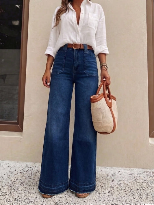 Effortless Relaxed Dark Blue Wide Leg Jeans for Women with High Waist Belted Style
