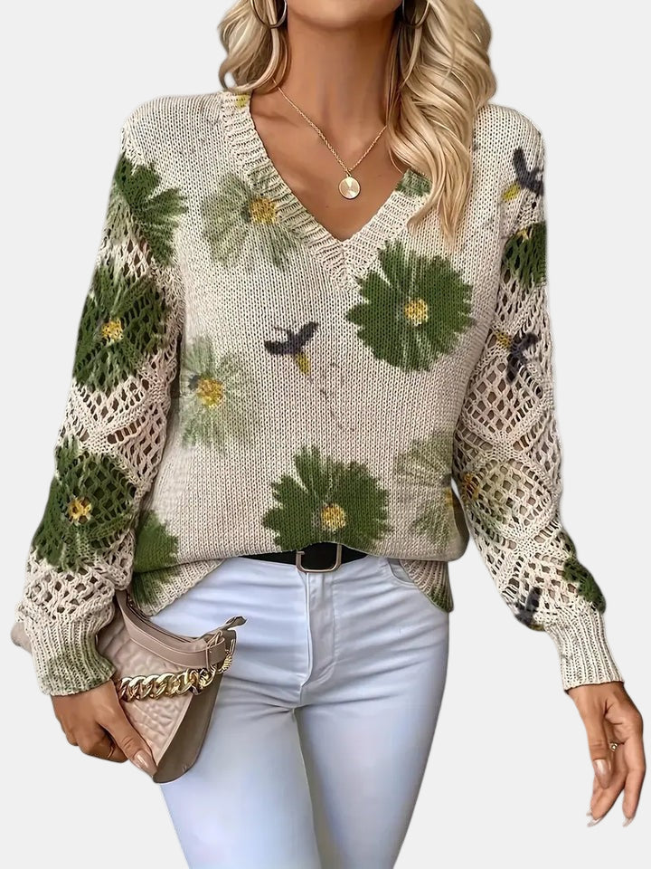 Comfortable Floral Print Sweater for Women with V Neck Long Sleeve Crochet Lace Oversized Knit Style