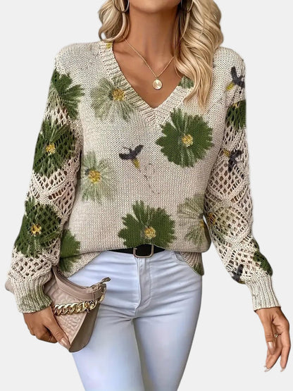 Comfortable Floral Print Sweater for Women with V Neck Long Sleeve Crochet Lace Oversized Knit Style