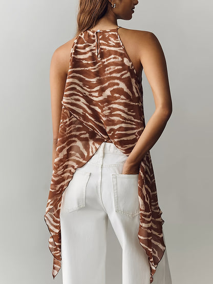 Effortless Brown Zebra Print Halter Top for Women with High Neck Sleeveless Wrap Front Flowing Style