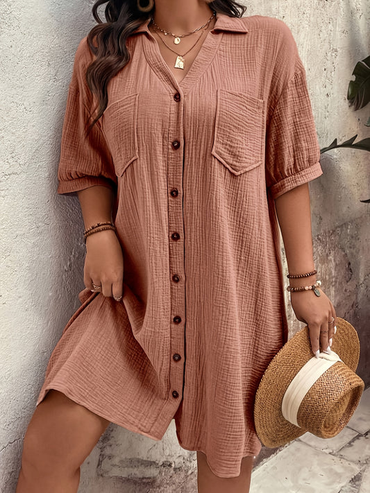 Effortless Textured Cotton Shirt Dress for Women with Collar Elbow Sleeve Button Front Patch Pocket Casual Style