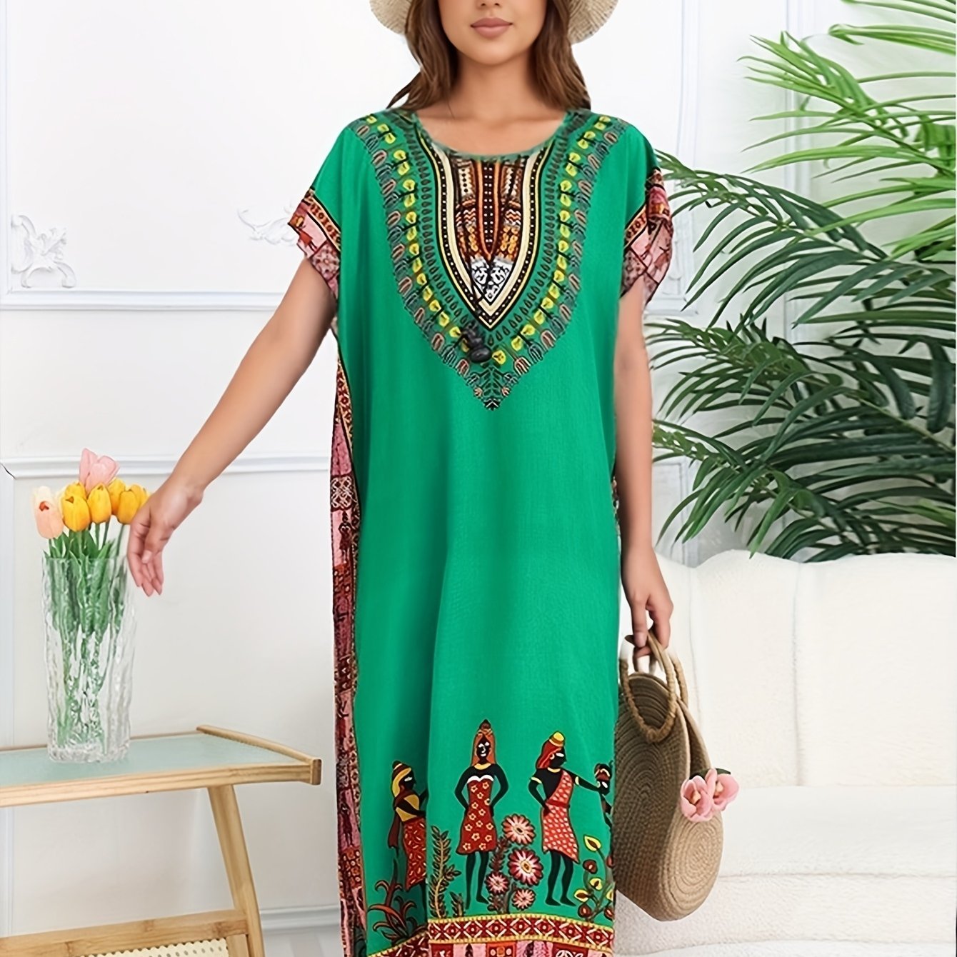 Effortless Dashiki Print Kaftan Dress for Women with V Neck Short Sleeve Relaxed Bohemian Style