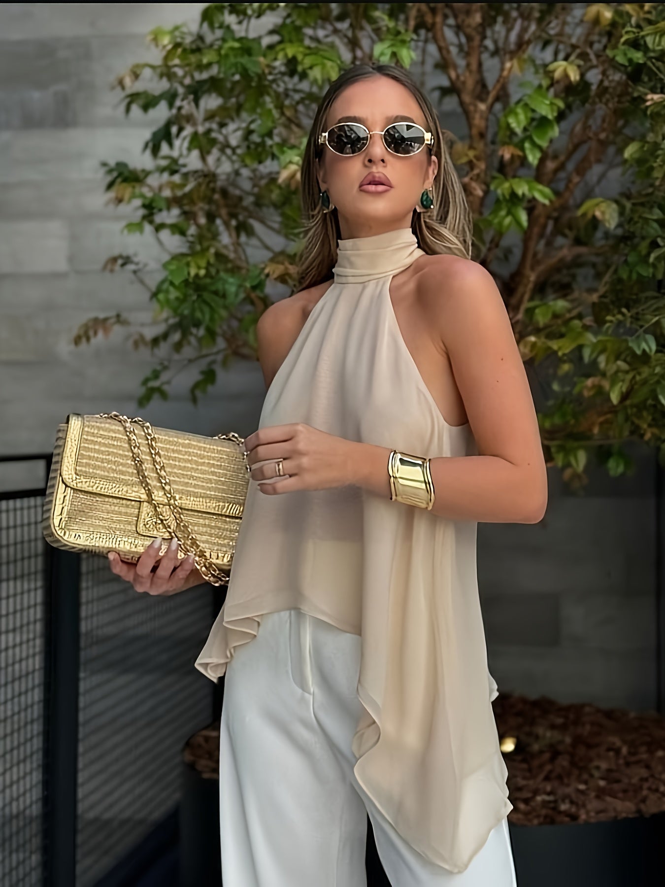 Effortless Chiffon Halter Top for Women with High Neck Sleeveless Flowing Asymmetrical Hem Style