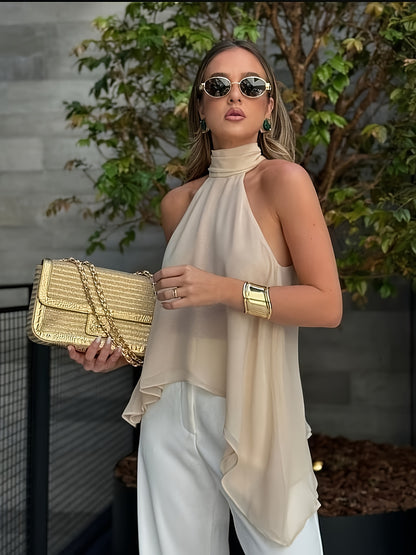 Effortless Chiffon Halter Top for Women with High Neck Sleeveless Flowing Asymmetrical Hem Style