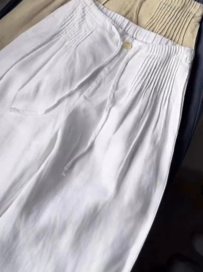 Effortless Linen Wide Leg Pants for Women with Smocked Waist Drawstring Relaxed Flowing Style