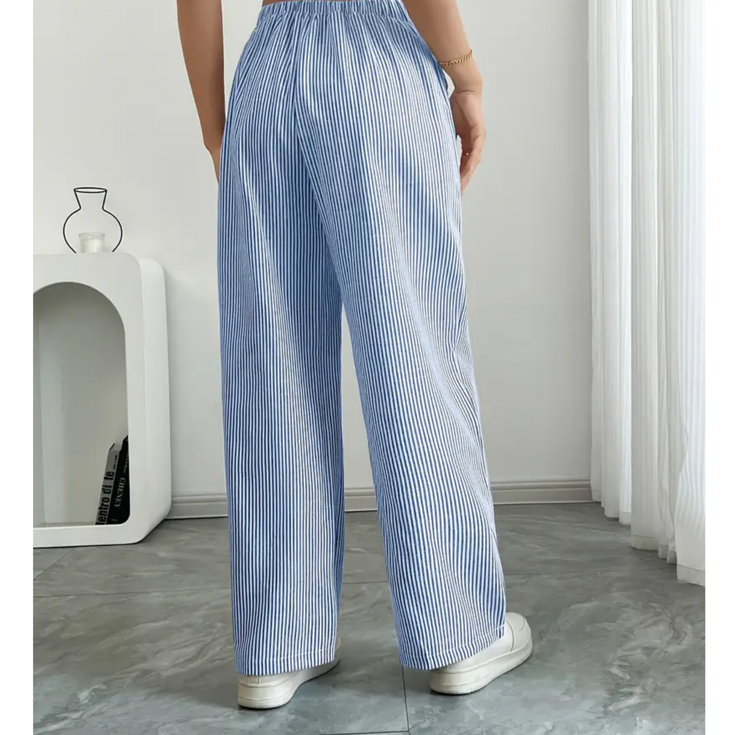 Effortless Striped Wide Leg Pants for Women with High Waist Drawstring Side Pocket Relaxed Casual Style