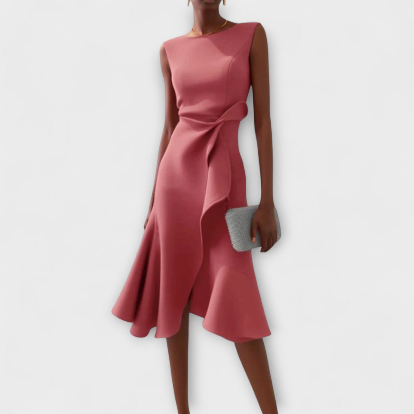 Elegant Satin Midi Dress for Women with Round Neck Sleeveless Draped Wrap Ruffle Formal Wedding Guest Style