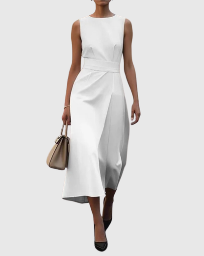 Elegant Satin Midi Dress for Women with Round Neck Sleeveless Wrap Waist Formal Wedding Guest Style