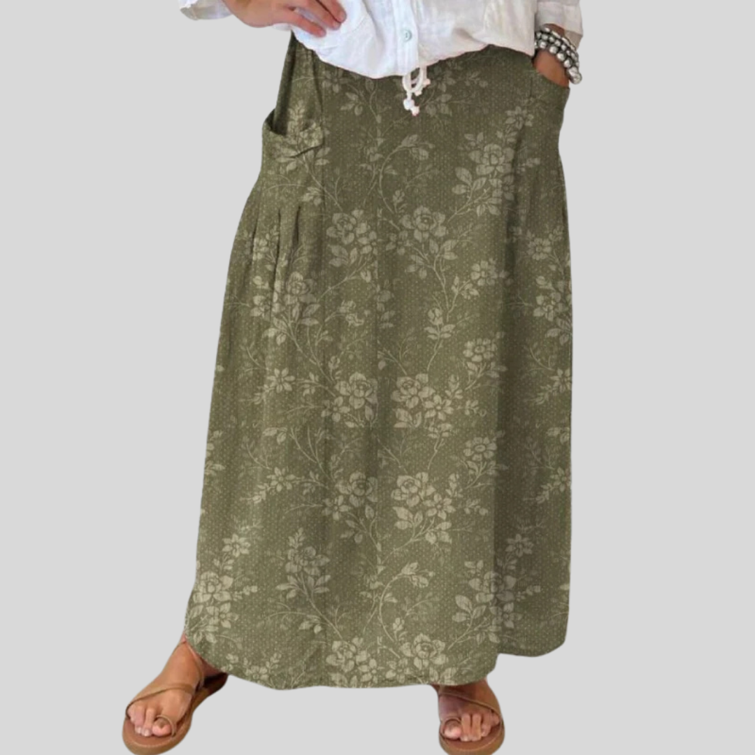 Effortless Floral Maxi Skirt for Women with Elastic Waist Pleated Pocket Flowing Bohemian Style