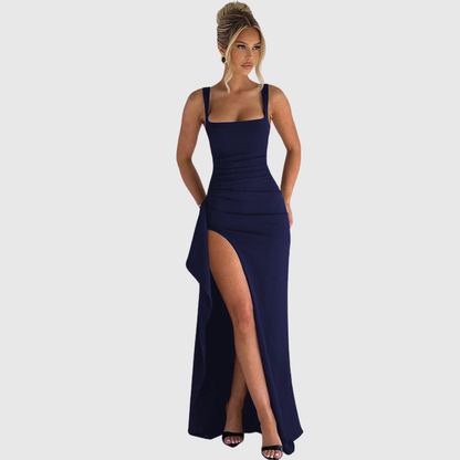 Elegant Satin Maxi Dress for Women with Square Neck Corset Bodice Thigh Slit Formal Wedding Guest Style