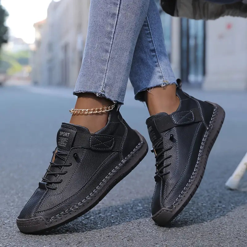 Effortless Leather Sneakers for Women with Lace Up Velcro Strap Hand Stitched Casual Style