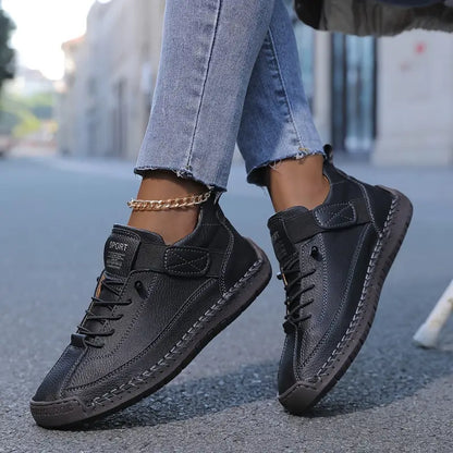 Effortless Leather Sneakers for Women with Lace Up Velcro Strap Hand Stitched Casual Style