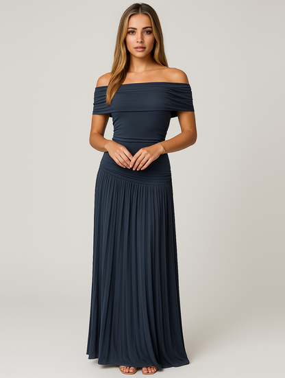 Elegant Pleated Maxi Dress for Women with Off Shoulder Short Sleeve Flowy Formal Wedding Guest Style