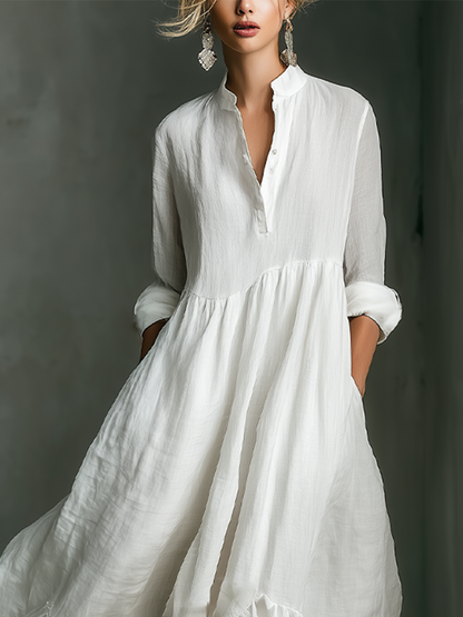 Effortless White Maxi Dress for Women with Stand Collar Button Placket Long Sleeve Tiered Linen Casual Style