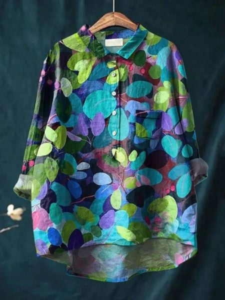 Effortless Floral Blouse for Women with Collar Long Sleeve Button Front High Low Hem Style