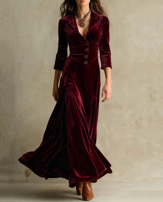 Elegant Velvet Maxi Dress for Women with Collar V Neck Elbow Sleeve Button Front Flowing Style