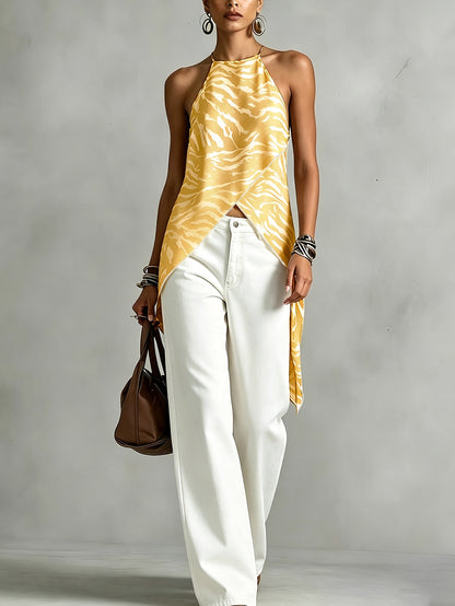 Effortless Brown Zebra Print Halter Top for Women with High Neck Sleeveless Wrap Front Flowing Style