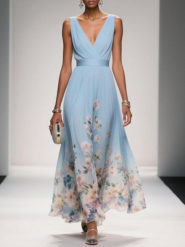 Effortless Floral Chiffon Maxi Dress for Women with V Neck Sleeveless Pleated Flowing Wedding Guest Style