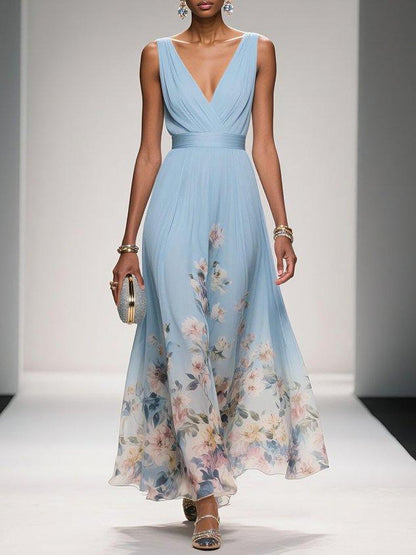 Effortless Floral Chiffon Maxi Dress for Women with V Neck Sleeveless Pleated Flowing Wedding Guest Style