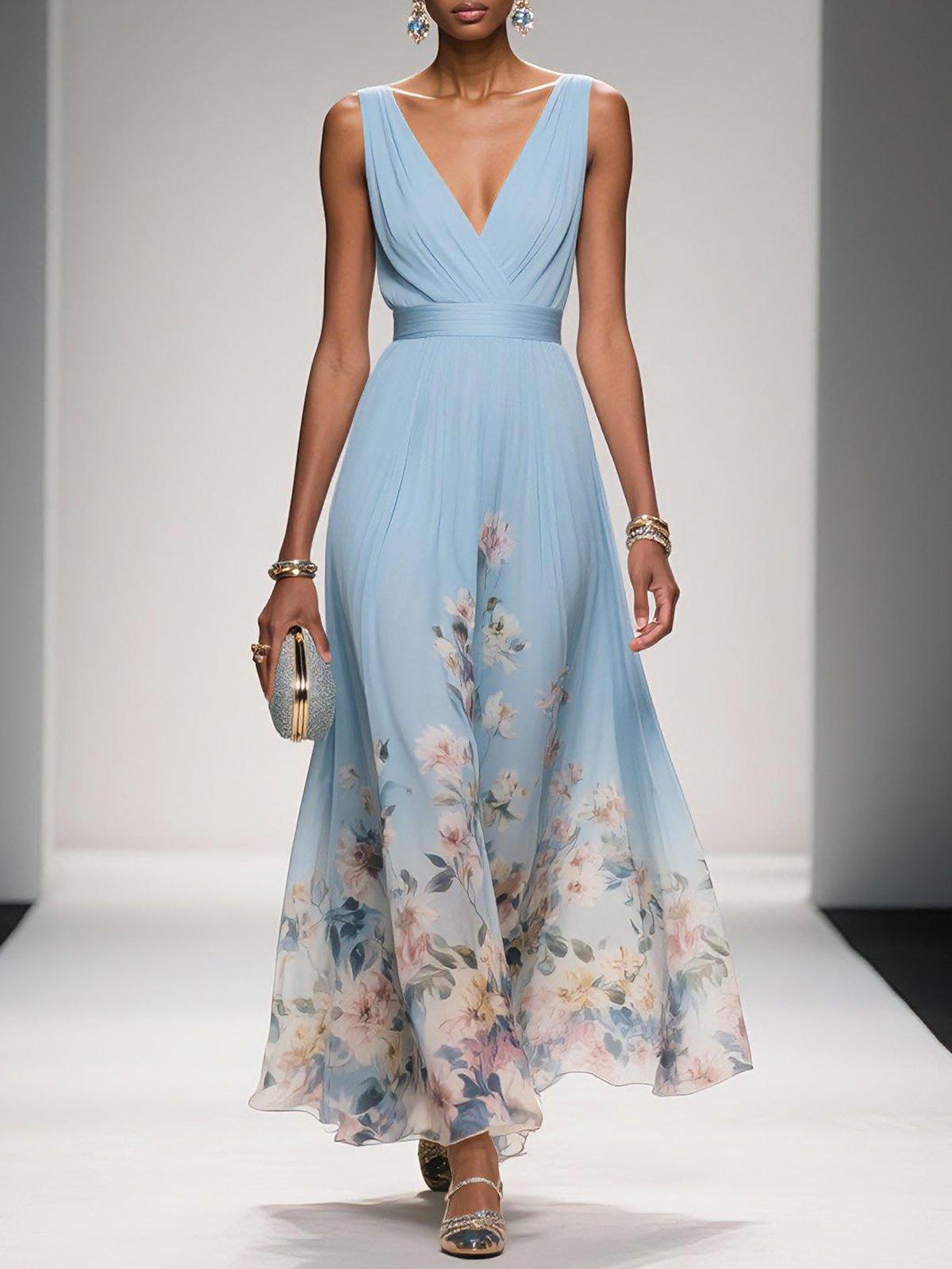 Effortless Floral Chiffon Maxi Dress for Women with V Neck Sleeveless Pleated Flowing Wedding Guest Style