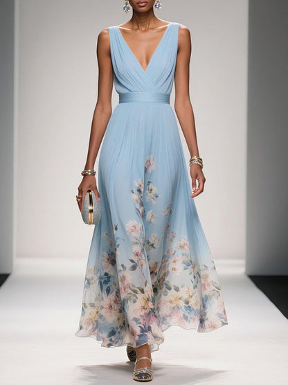 Effortless Floral Chiffon Maxi Dress for Women with V Neck Sleeveless Pleated Flowing Wedding Guest Style