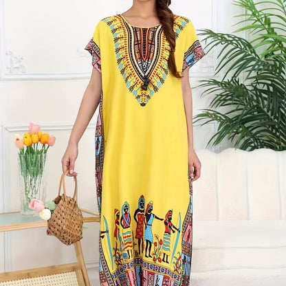 Effortless Dashiki Print Kaftan Dress for Women with V Neck Short Sleeve Relaxed Bohemian Style