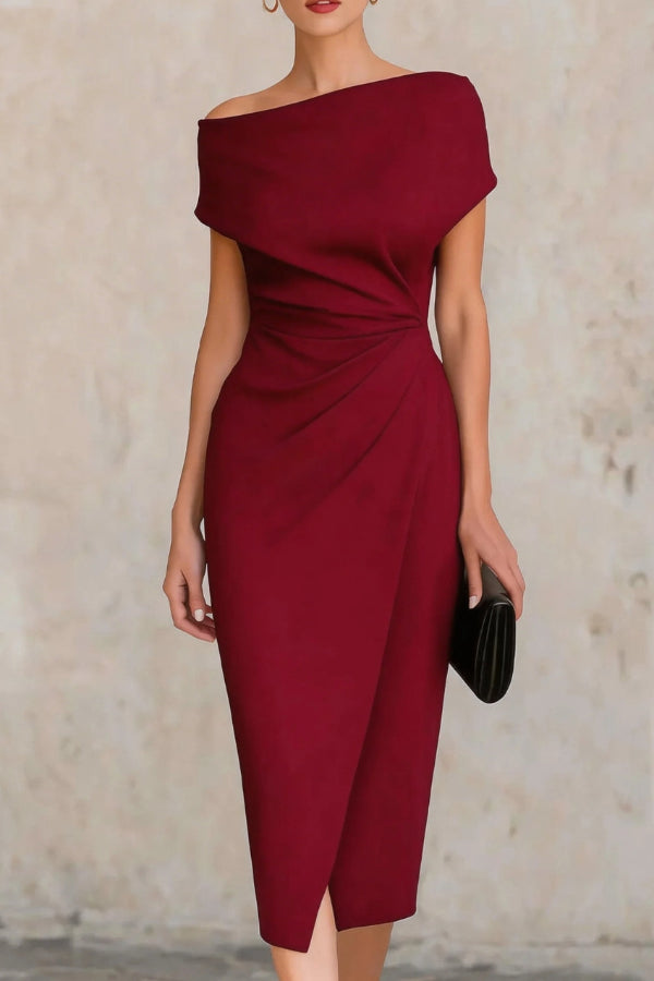 Elegant Draped Midi Dress for Women with Off Shoulder Cap Sleeve Ruched Wrap Bodycon Cocktail Style