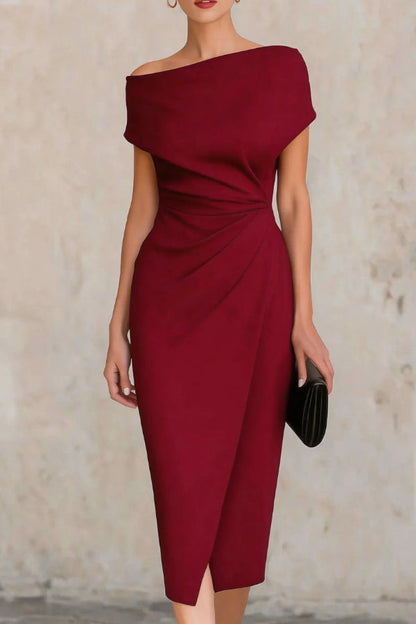 Elegant Draped Midi Dress for Women with Off Shoulder Cap Sleeve Ruched Wrap Bodycon Cocktail Style