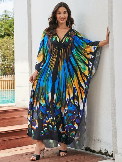 Elegant Multicolor Print Kaftan Maxi Dress for Women with V Neck Batwing Sleeve Flowing Style