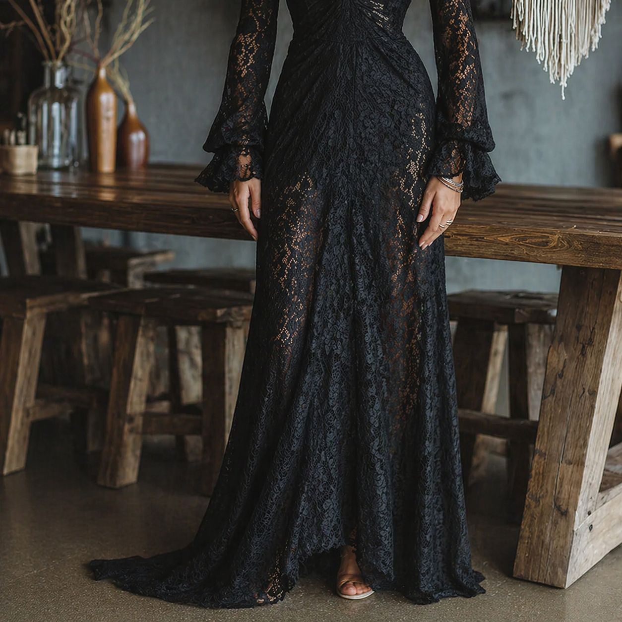 Elegant Black Lace Maxi Dress for Women with V Neck Bell Sleeve Sheer Bohemian Style