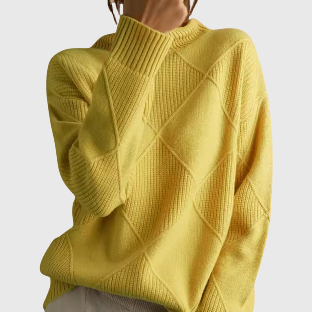 Comfortable Diamond Pattern Sweater for Women with Turtleneck Long Sleeve Relaxed Oversized Knit Style