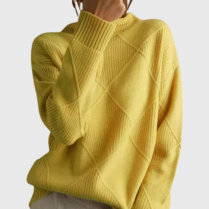 Comfortable Diamond Pattern Sweater for Women with Turtleneck Long Sleeve Relaxed Oversized Knit Style