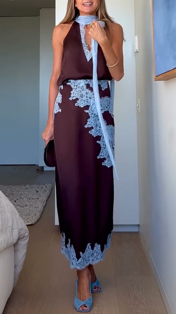 Elegant Brown Lace Maxi Dress for Women with Halter V Neck Sleeveless Contrast Trim Flowing Style