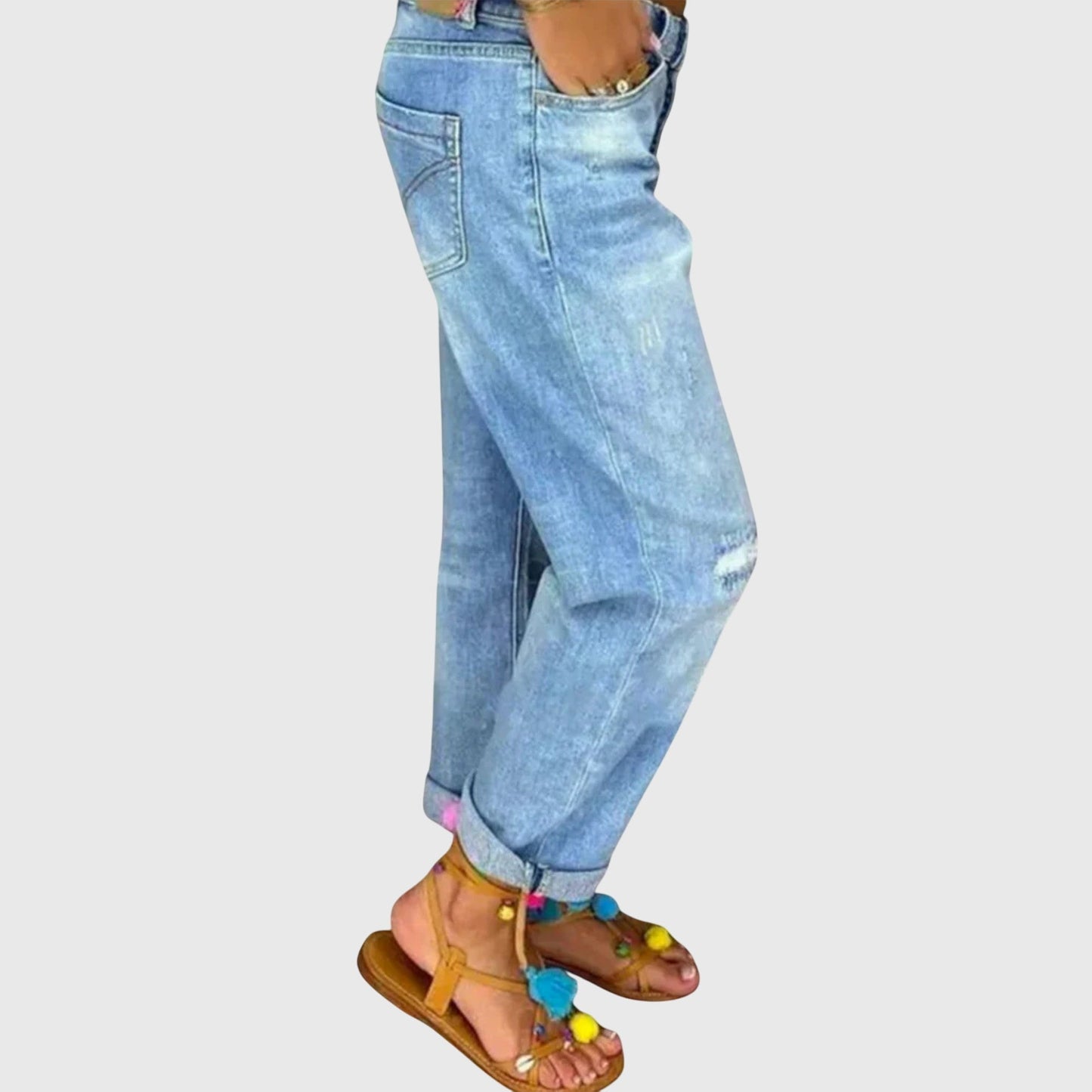 Stylish Blue Jeans for Women with High Waist Button Fly Distressed Relaxed Boyfriend Mom Jean Style