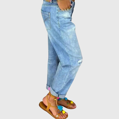 Stylish Blue Jeans for Women with High Waist Button Fly Distressed Relaxed Boyfriend Mom Jean Style