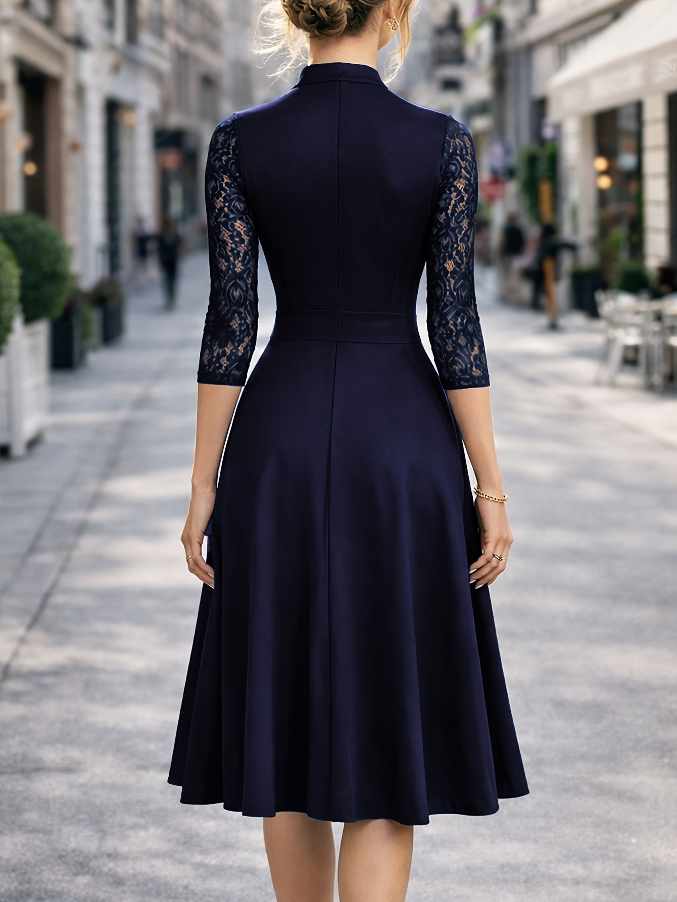 Elegant Lace Trim Midi Dress for Women with Notch V Neck Elbow Sleeve Fit and Flare Cocktail Style
