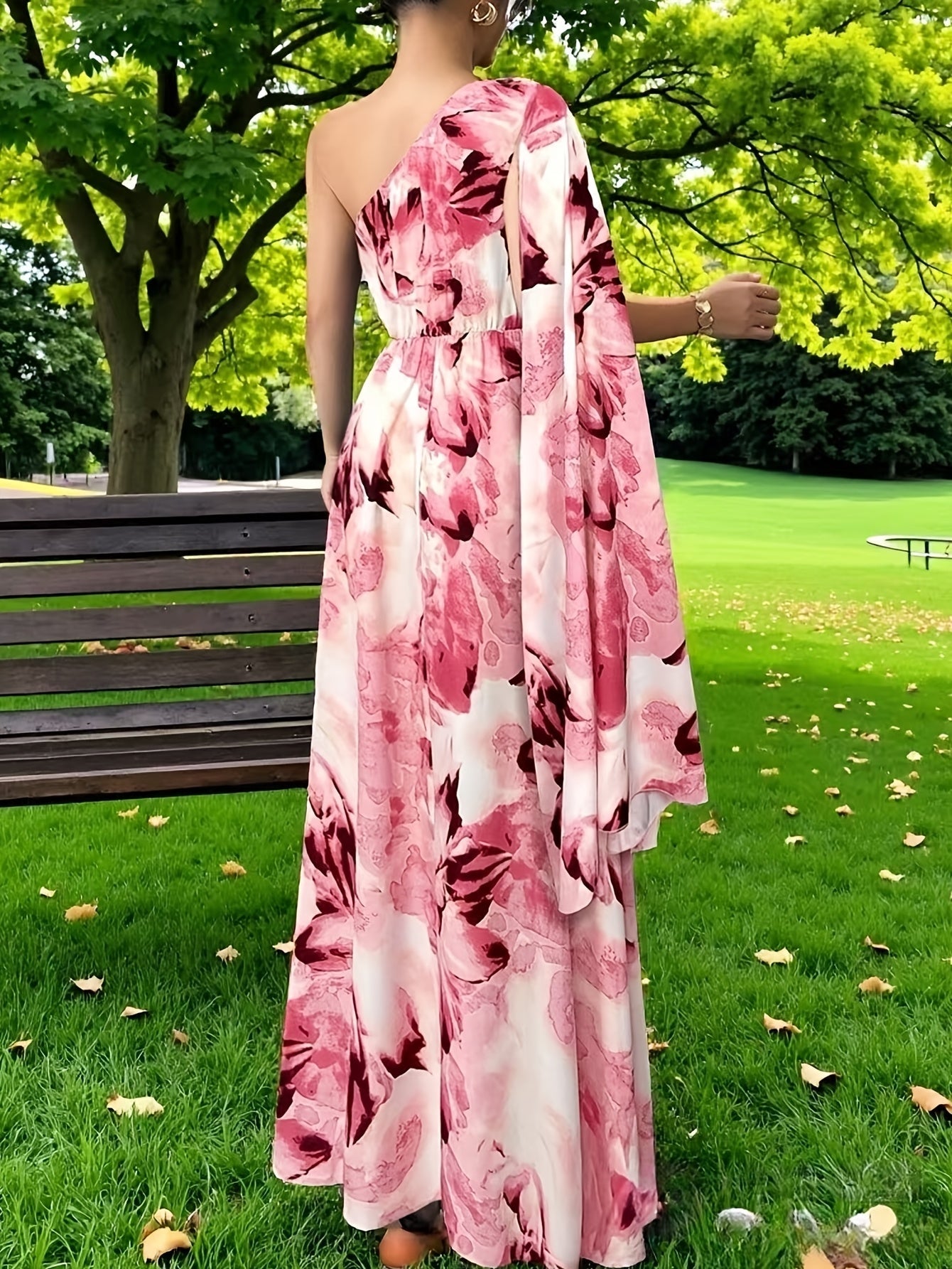 Elegant Floral Maxi Dress for Women with One Shoulder Draped Sleeve Formal Wedding Guest Style